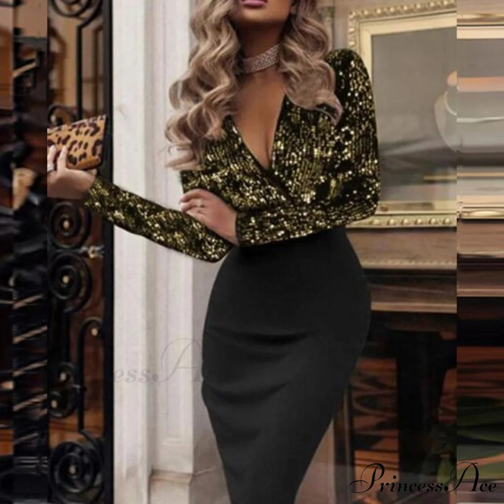 Elegant Wrap V Neck Skinny Club Party Dress Gold Sequin / L