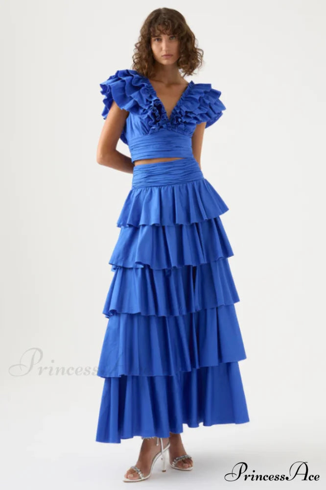 Eleni Tiered Stylish Maxi Skirt Set S / Blue