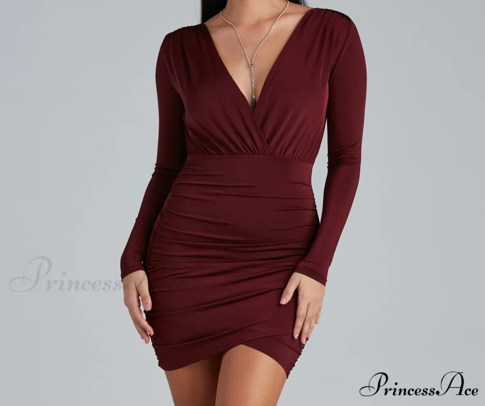 Elevated Basic Stylish Ruched Mini Dress RAISIN / XS