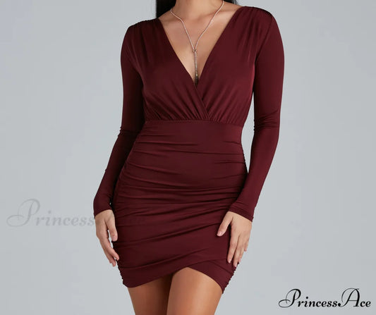 Elevated Basic Stylish Ruched Mini Dress RAISIN / XS