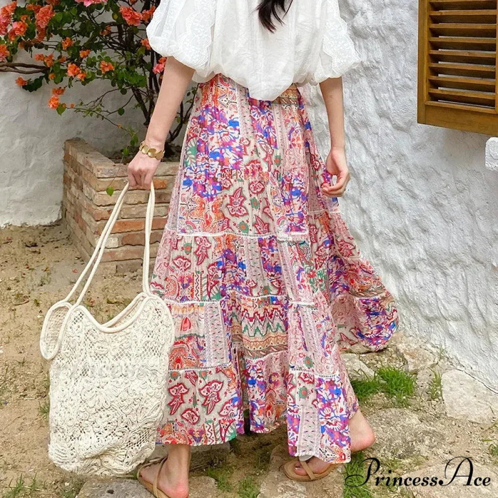 Elevated Waist Blossom Shore Skirt Lace Patchwork Stylish Cotton Maxi skirt-250126