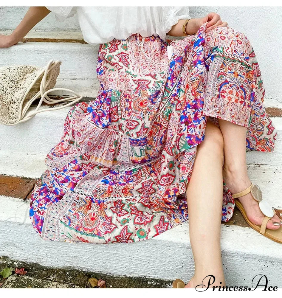 Elevated Waist Blossom Shore Skirt Lace Patchwork Stylish Cotton Maxi skirt-250126