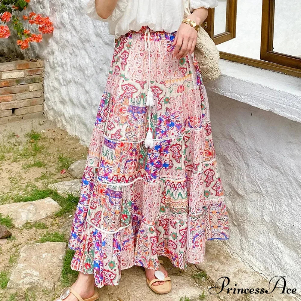 Elevated Waist Blossom Shore Skirt Lace Patchwork Stylish Cotton Maxi floral skirts / S skirt-250126
