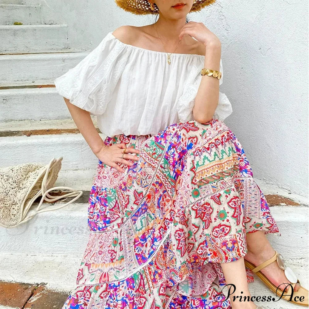 Elevated Waist Blossom Shore Skirt Lace Patchwork Stylish Cotton Maxi white tops / S skirt-250126