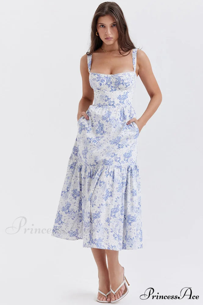 Elia Floral Stylish Midi Sundress S / Blue Print