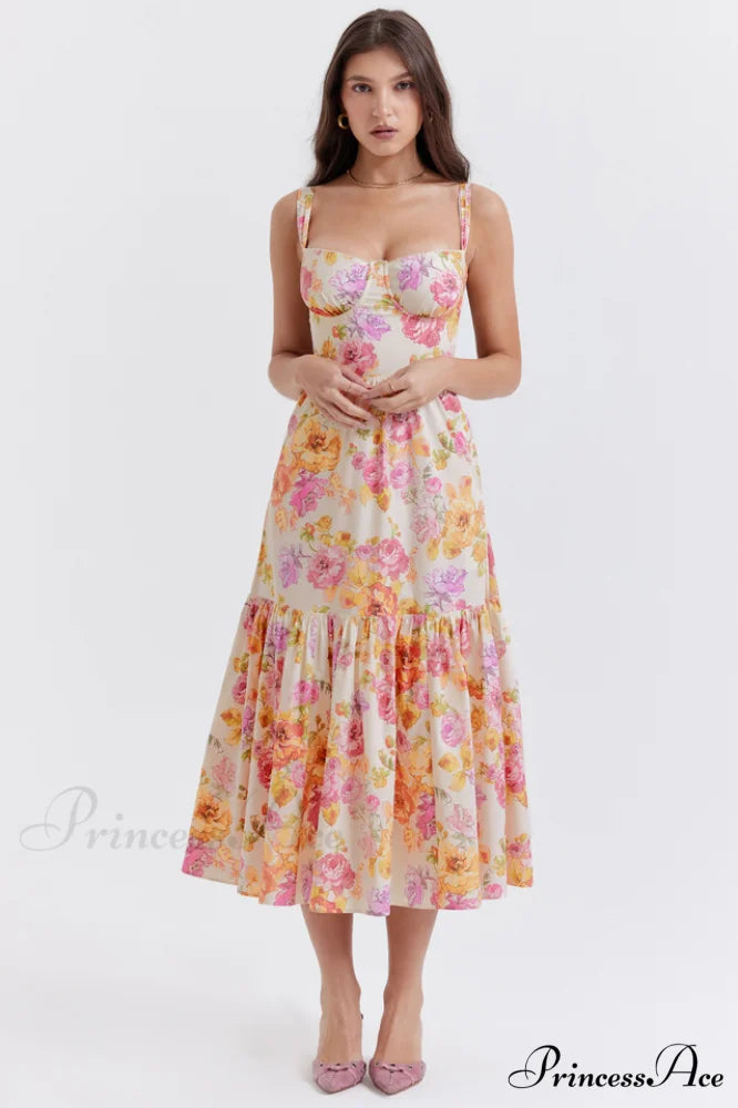 Elia Floral Stylish Midi Sundress S / Ivory