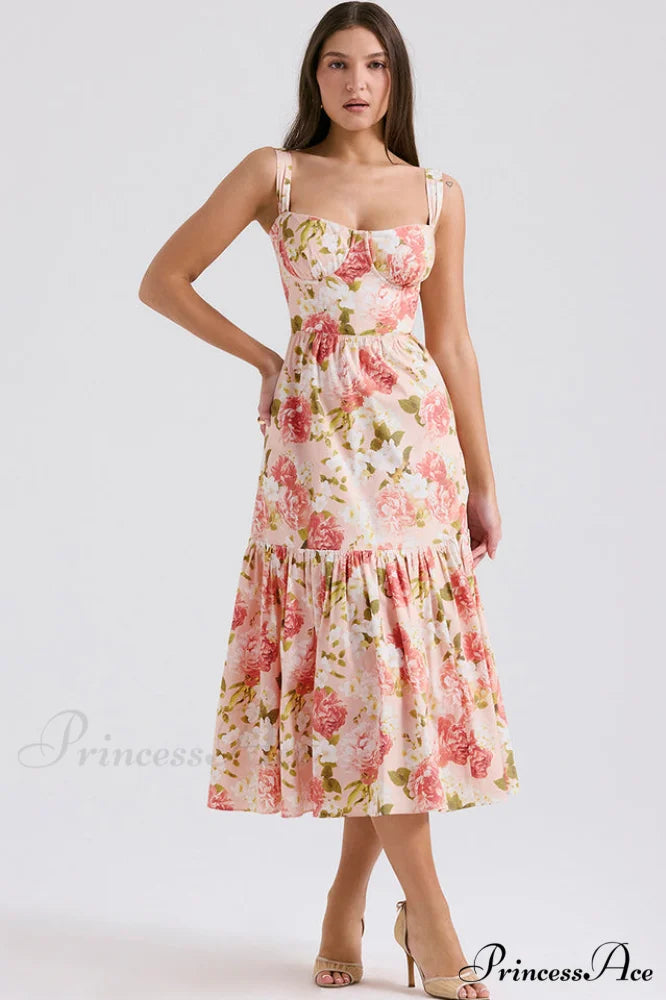 Elia Floral Stylish Midi Sundress S / Pink Peony Print