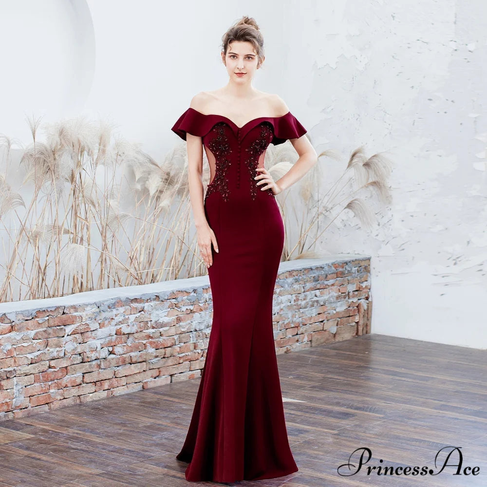 Elizabeth ruffled-strap Stylish embroidered fishtail dress BURGUNDY / XS