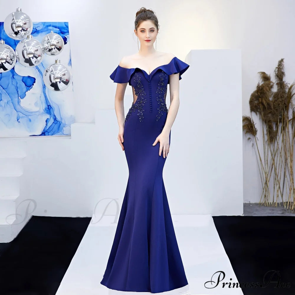 Elizabeth ruffled-strap Stylish embroidered fishtail dress NAVY / XS