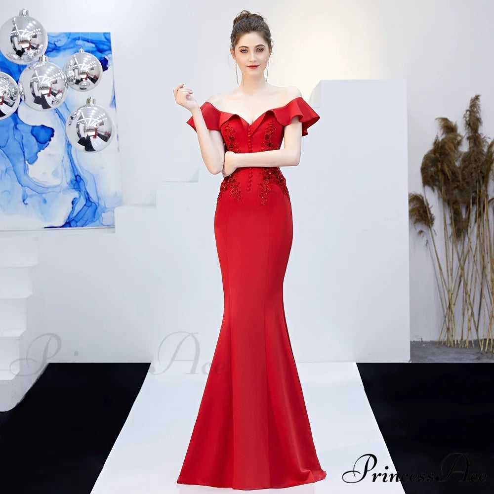 Elizabeth ruffled-strap Stylish embroidered fishtail dress RED / XS