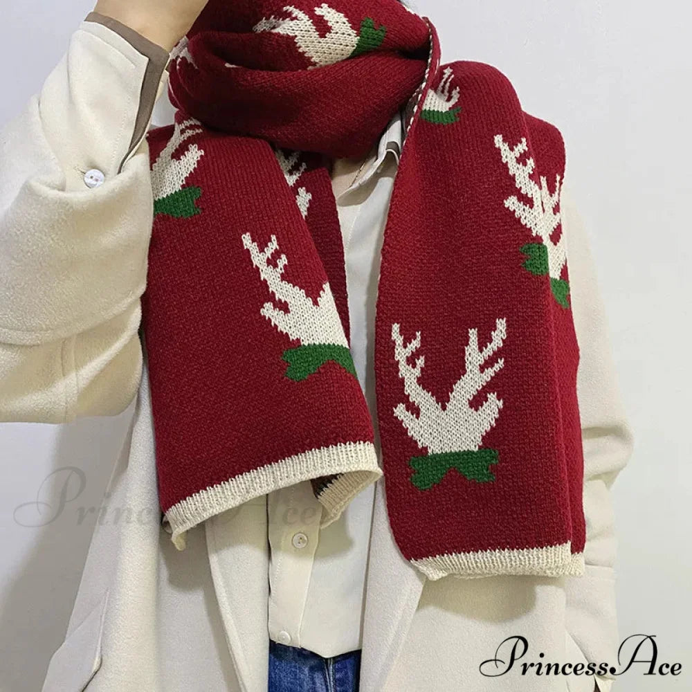 Elk Pattern Winter Knitting Couple Scarf - Christmas Gift Red 2 / 37-170cm