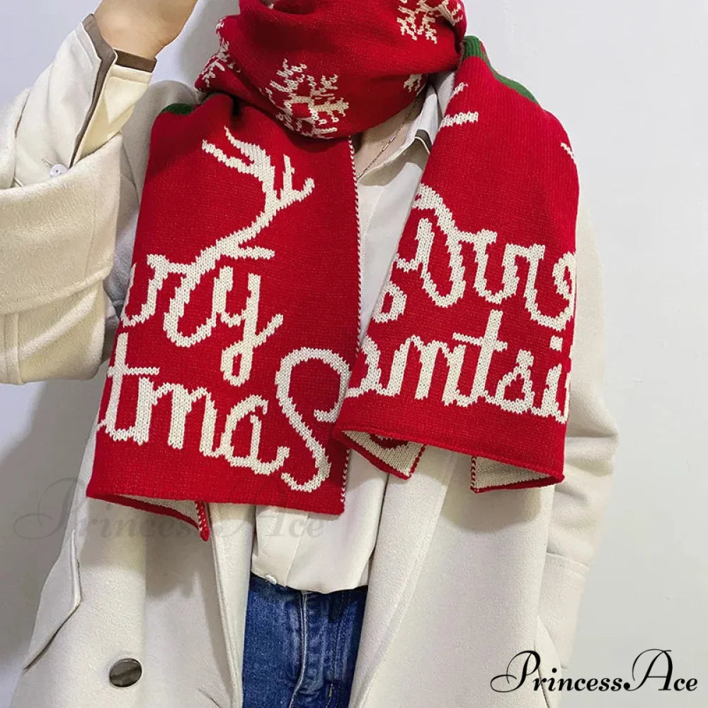 Elk Pattern Winter Knitting Couple Scarf - Christmas Gift Red 3 / 37-170cm