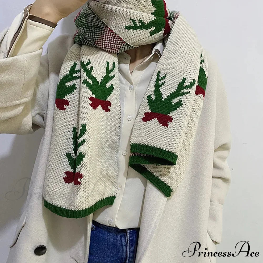 Elk Pattern Winter Knitting Couple Scarf - Christmas Gift white / 37-170cm