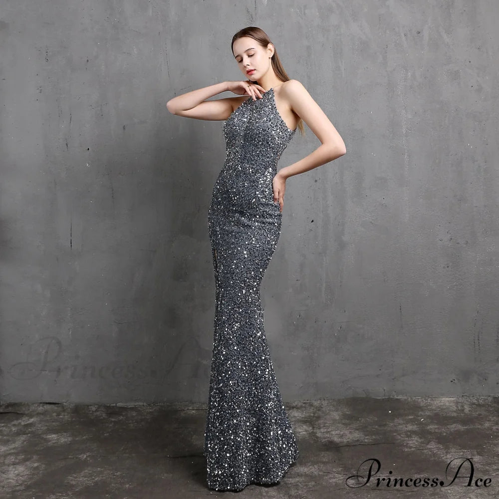 Ella halterneck Stylish sequined formal dress GREY / XS