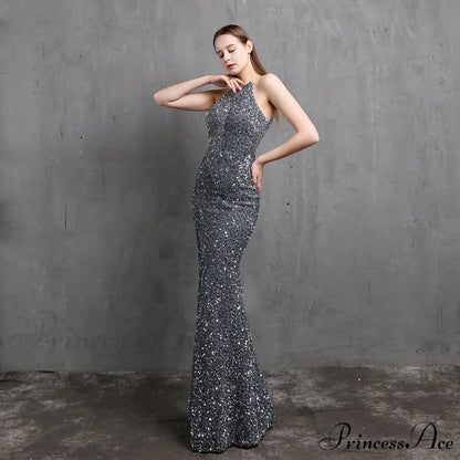 Ella halterneck Stylish sequined formal dress GREY / XS