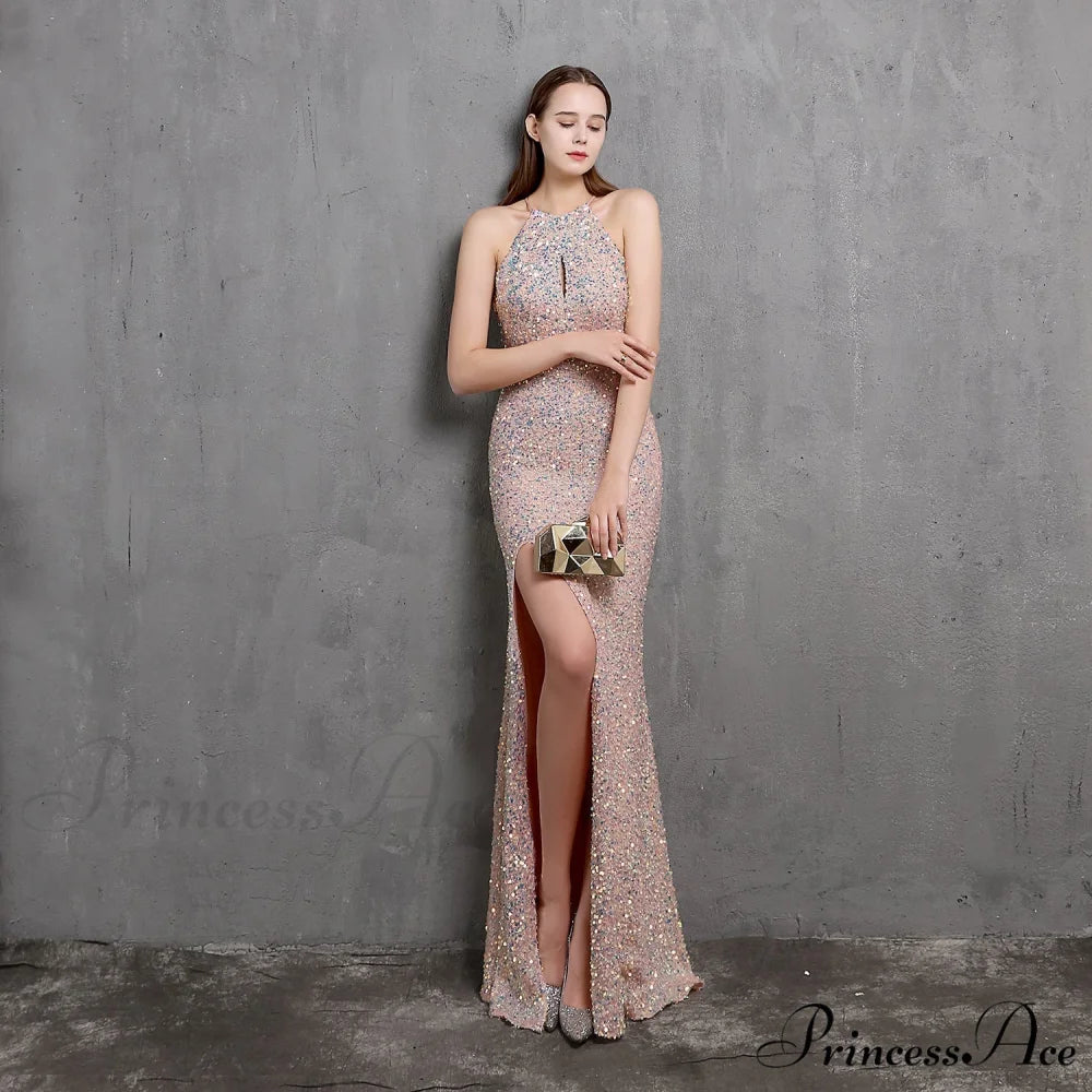 Ella halterneck Stylish sequined formal dress PINK / XS