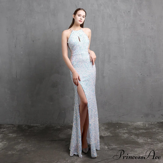 Ella halterneck Stylish sequined formal dress WHITE / XS