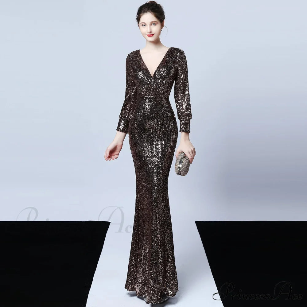 Ella long-sleeve sequined Charming formal fishtail dress BLACK GOLD / XS