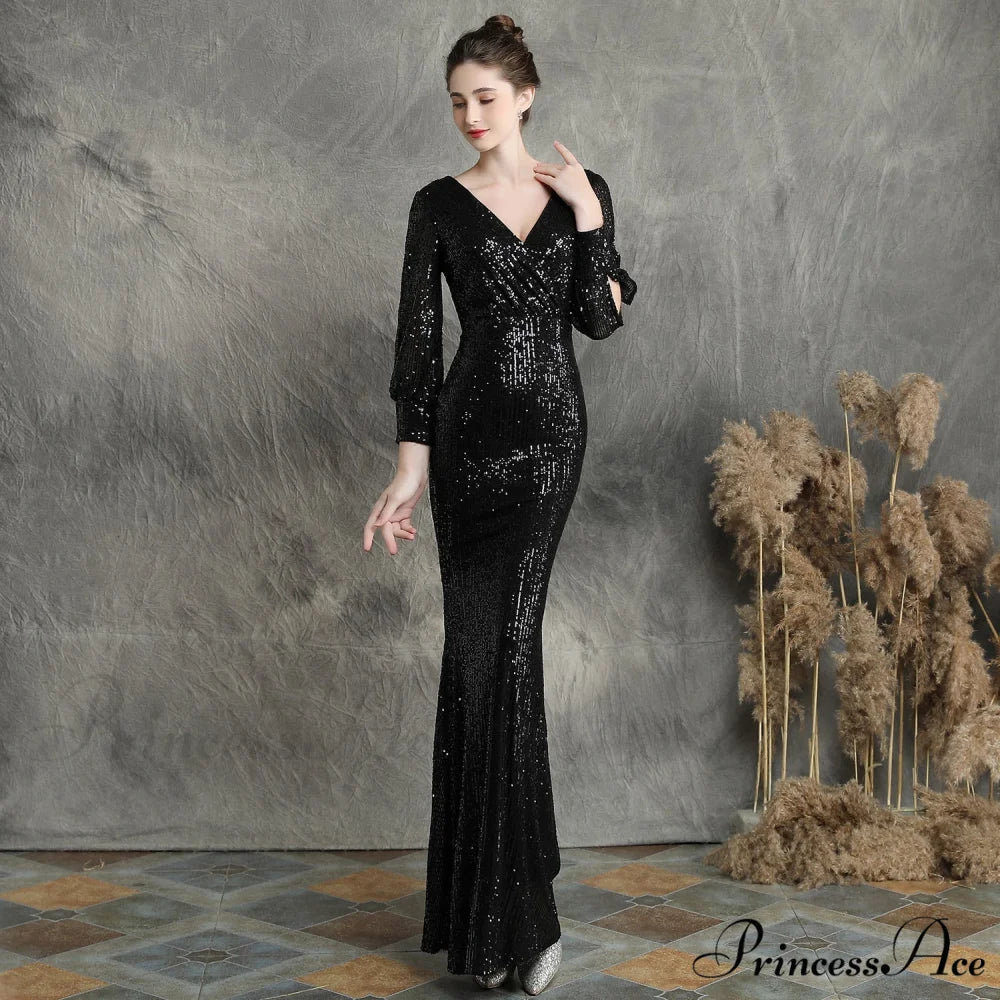 Ella long-sleeve sequined Charming formal fishtail dress BLACK / XS