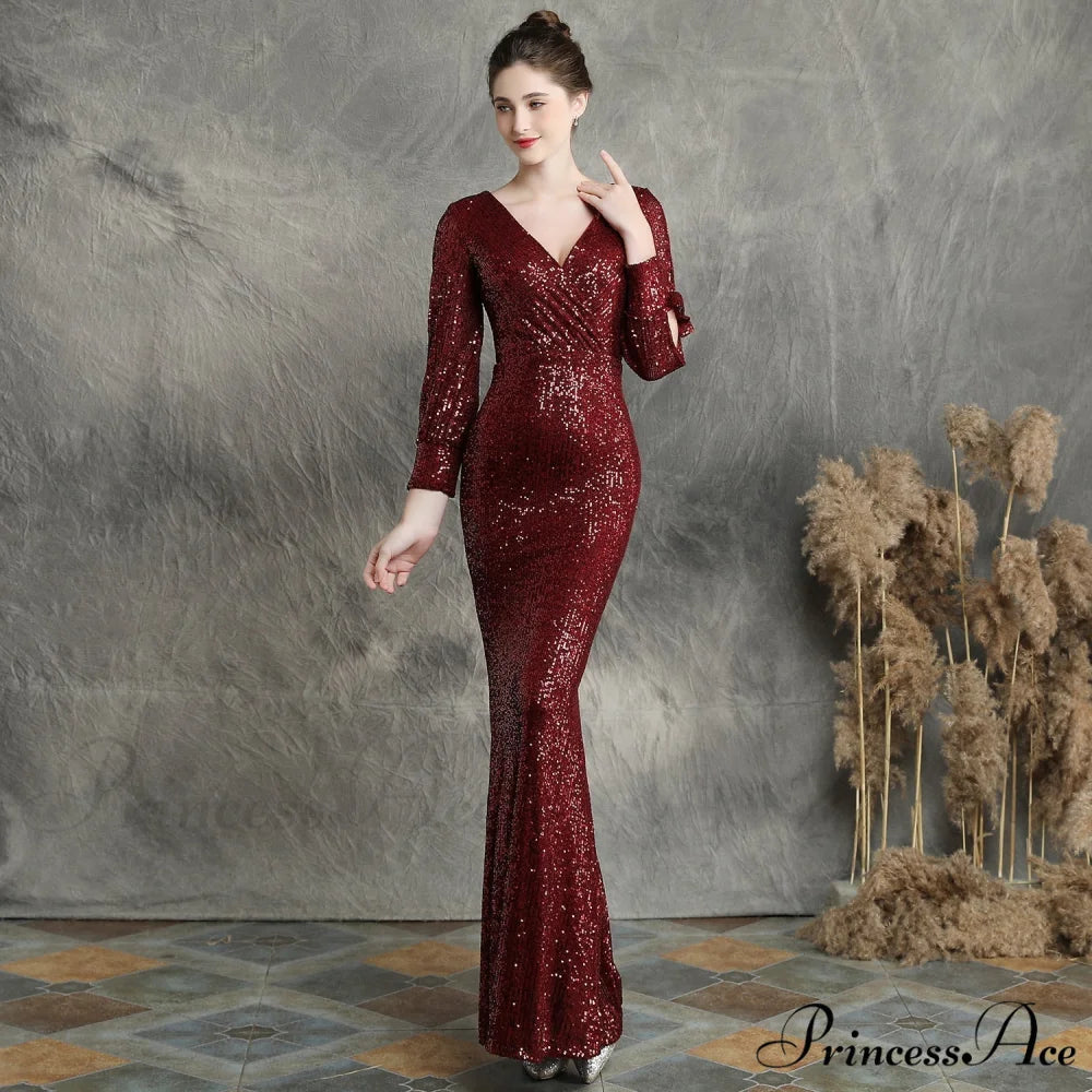 Ella long-sleeve sequined Charming formal fishtail dress BURGUNDY / XS
