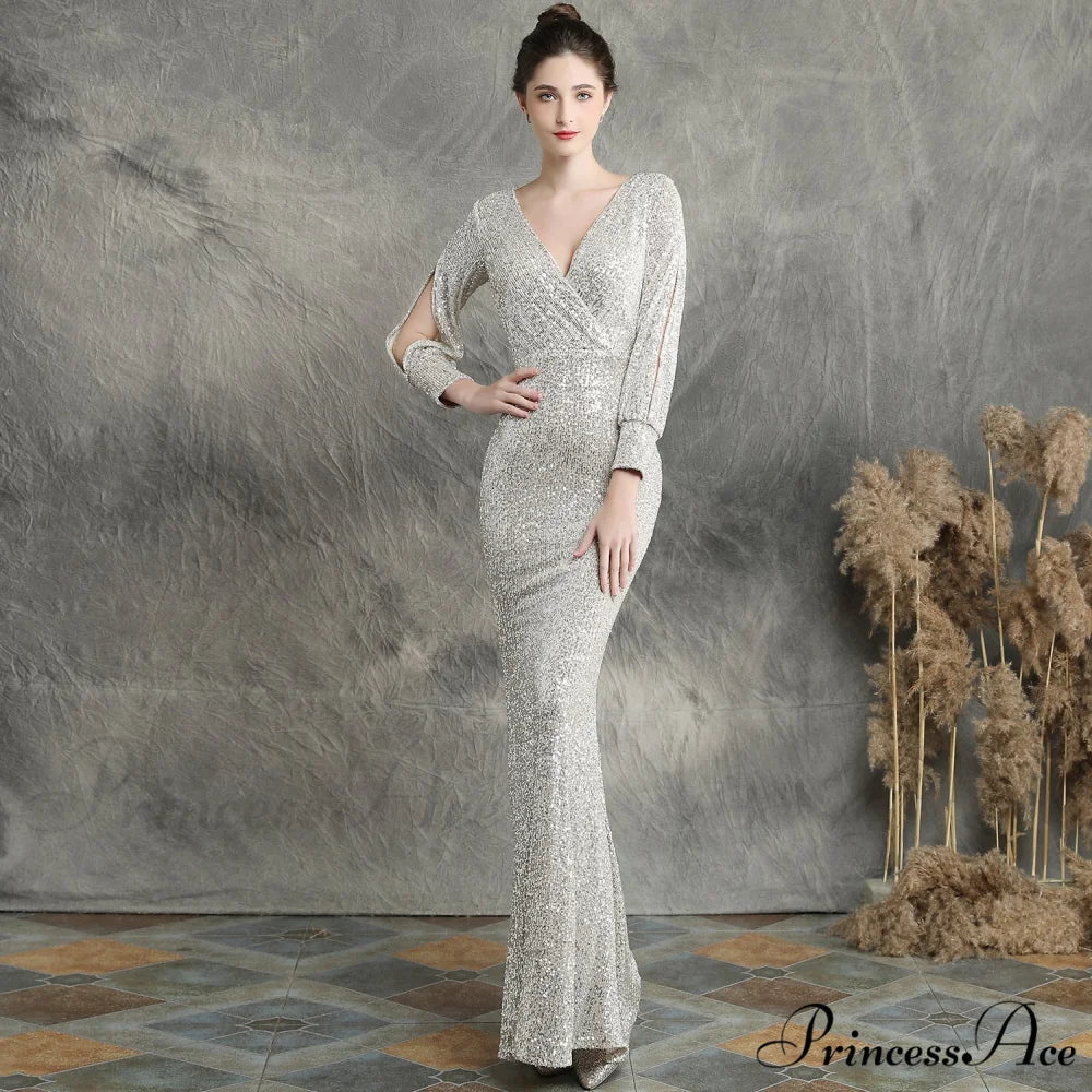 Ella long-sleeve sequined Charming formal fishtail dress SILVER / XS