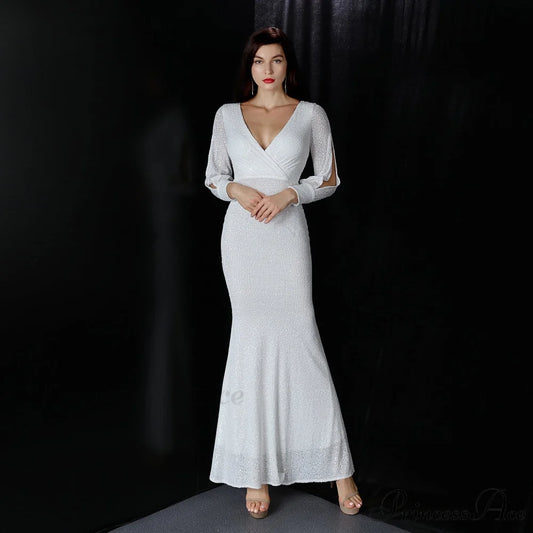 Ella long-sleeve sequined Charming formal fishtail dress WHITE / XS