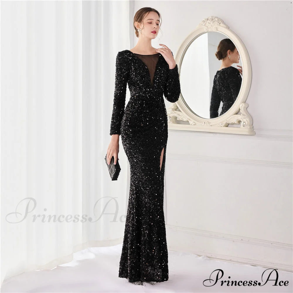 Ella sequined large Charming split mermaid dress BLACK / XS