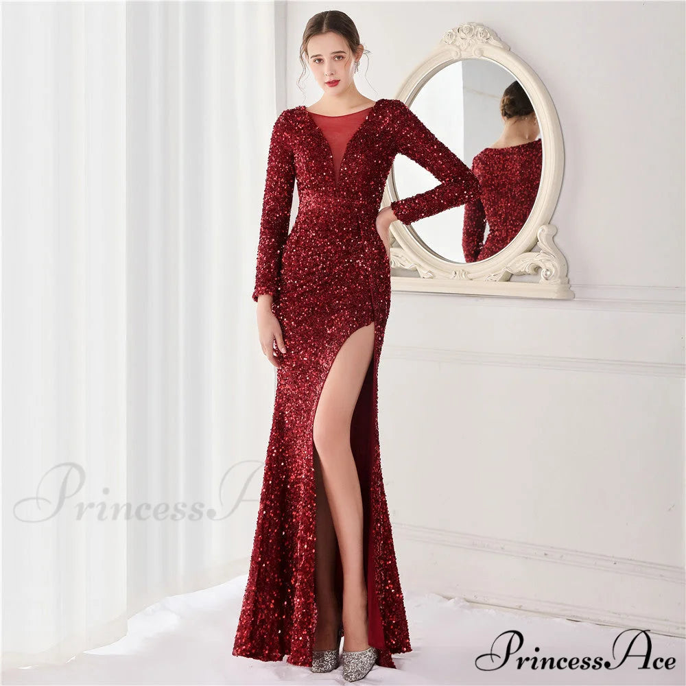 Ella sequined large Charming split mermaid dress BURGUNDY / XS