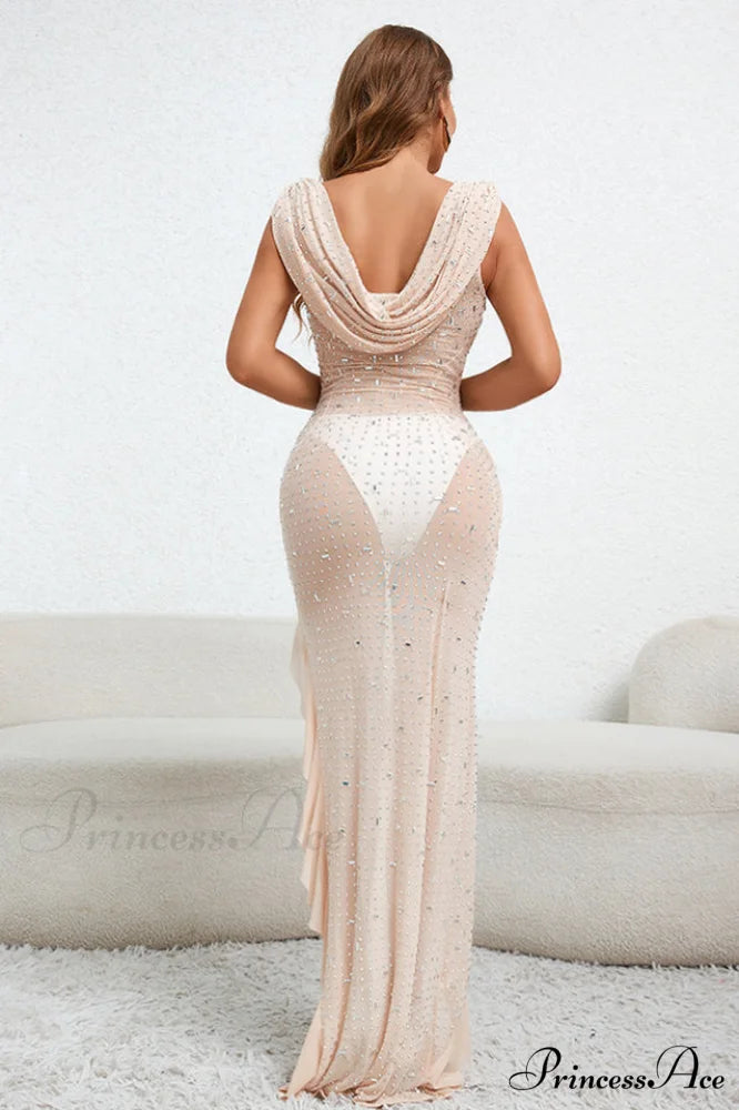 Embellished Draped Stylish Ruffle Maxi Dress
