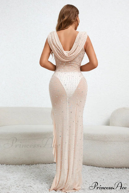 Embellished Draped Stylish Ruffle Maxi Dress