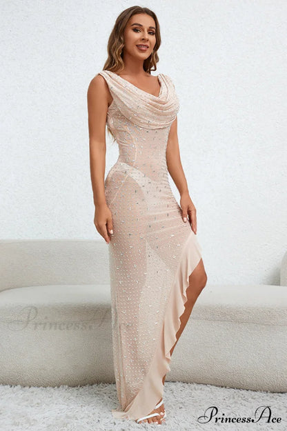 Embellished Draped Stylish Ruffle Maxi Dress