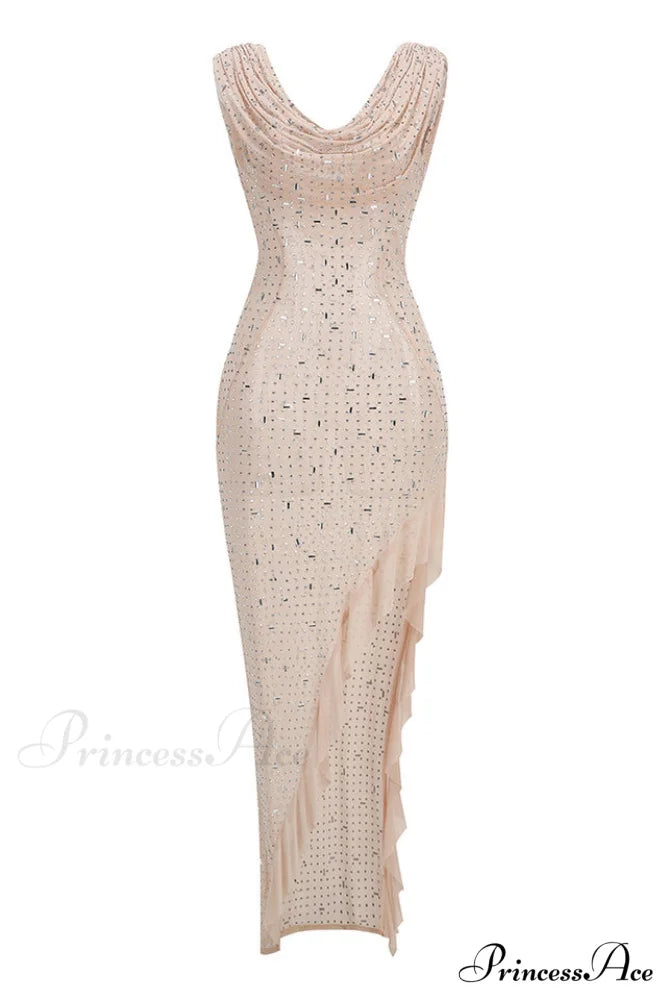 Embellished Draped Stylish Ruffle Maxi Dress XS / Nude