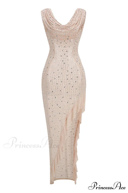 Embellished Draped Stylish Ruffle Maxi Dress XS / Nude