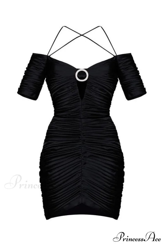 Embellished Ruched Stylish Satin Mini Dress XS / Black