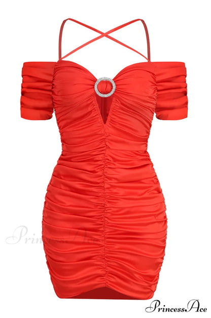 Embellished Ruched Stylish Satin Mini Dress XS / Red
