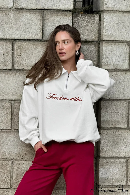 Embroidered Collared Casual Loose Sweatshirt