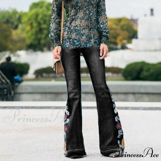 Embroidered Denim Bell Bottom Pants