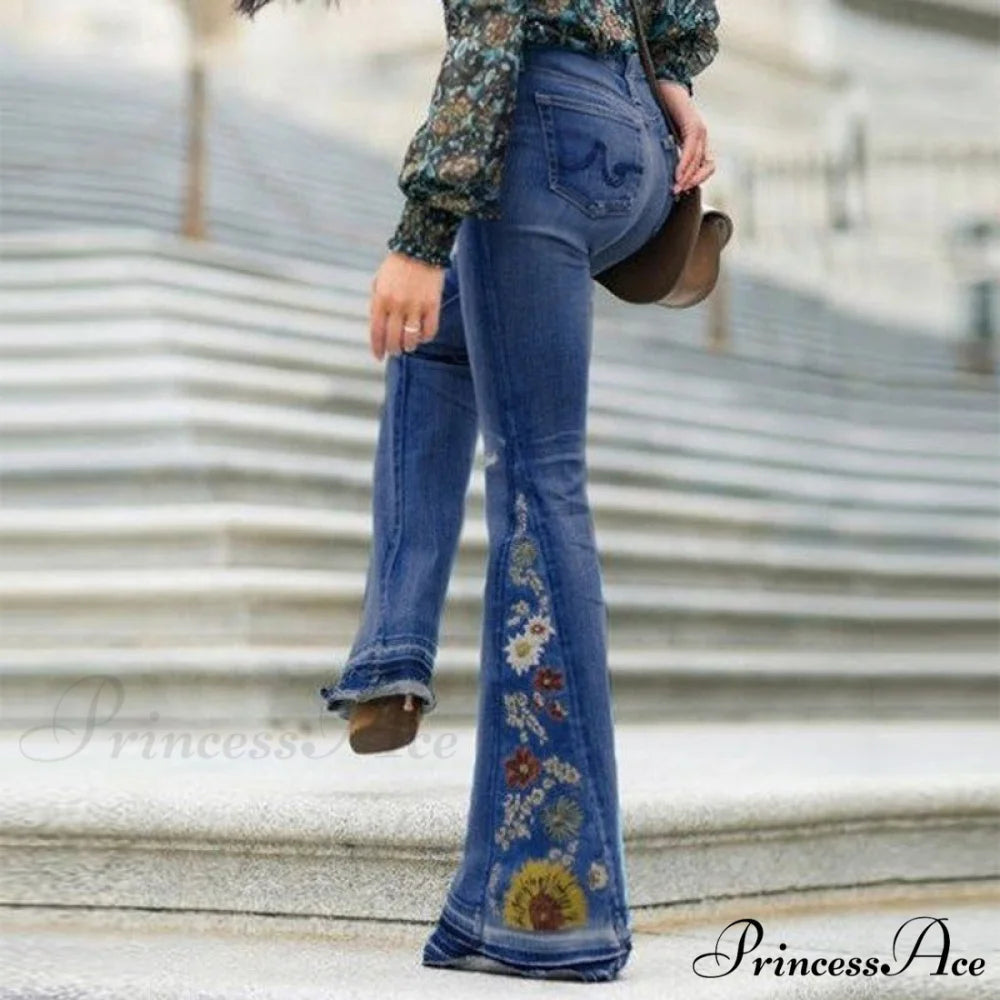 Embroidered Denim Bell Bottom Pants