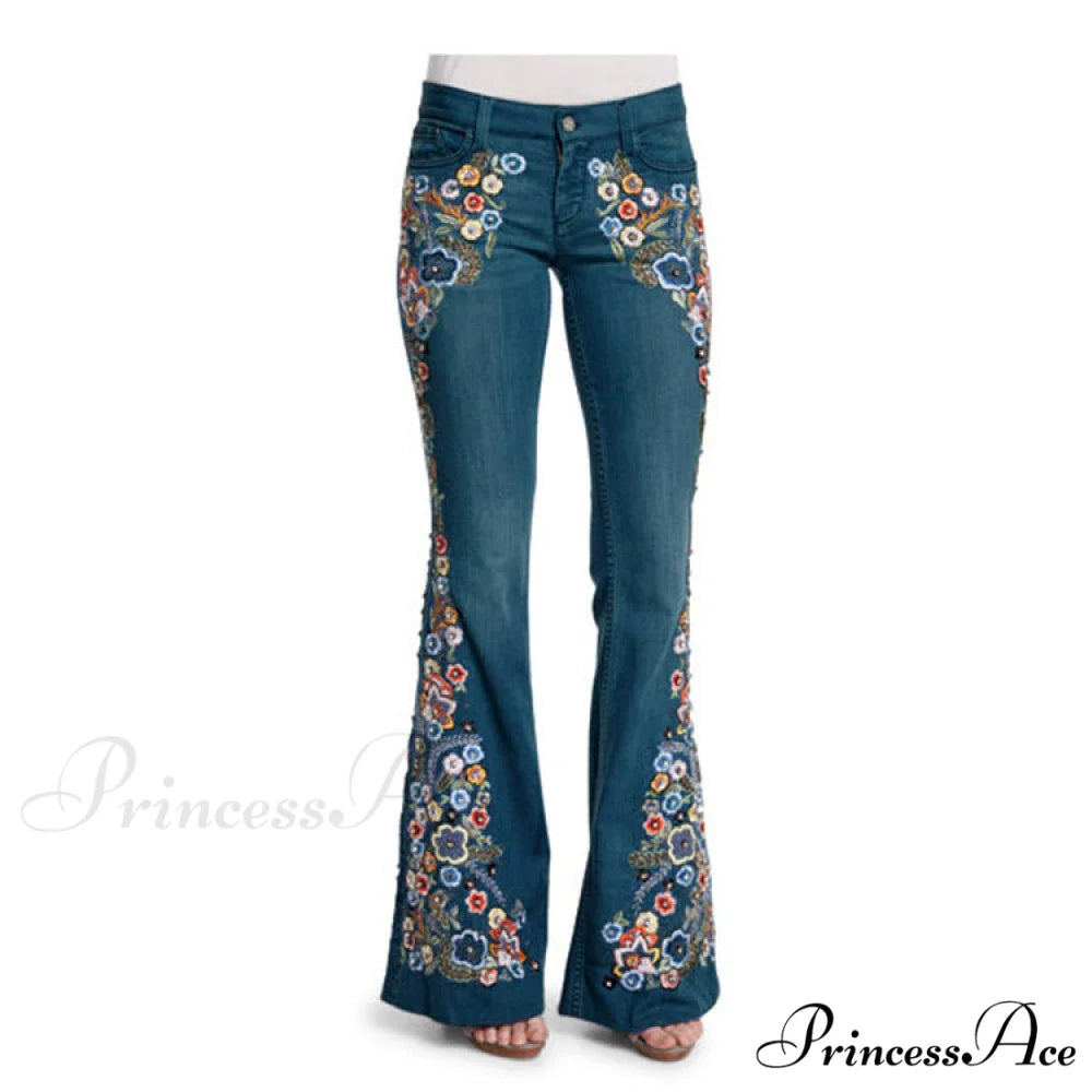 Embroidered Denim Bell Bottom Pants Blue / XS