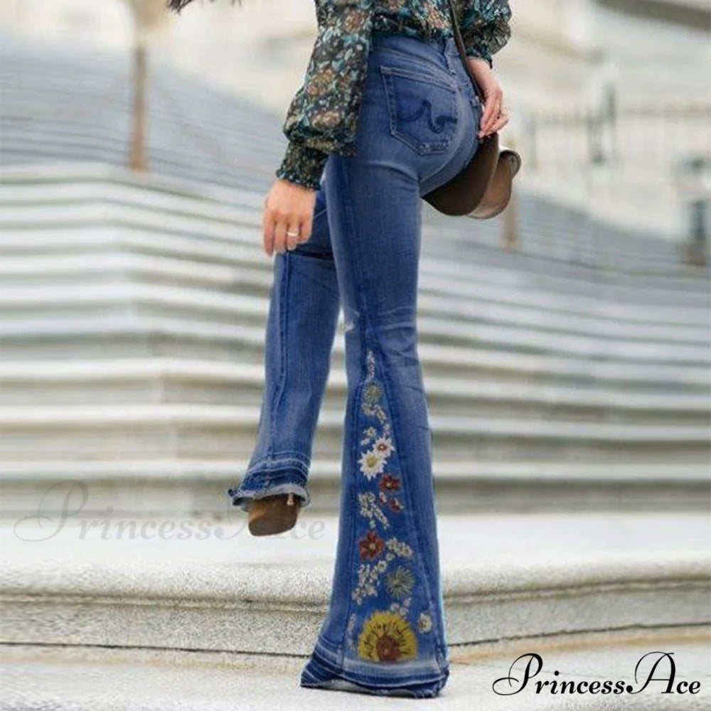 Embroidered Denim Bell Bottom Pants dark blue / XS