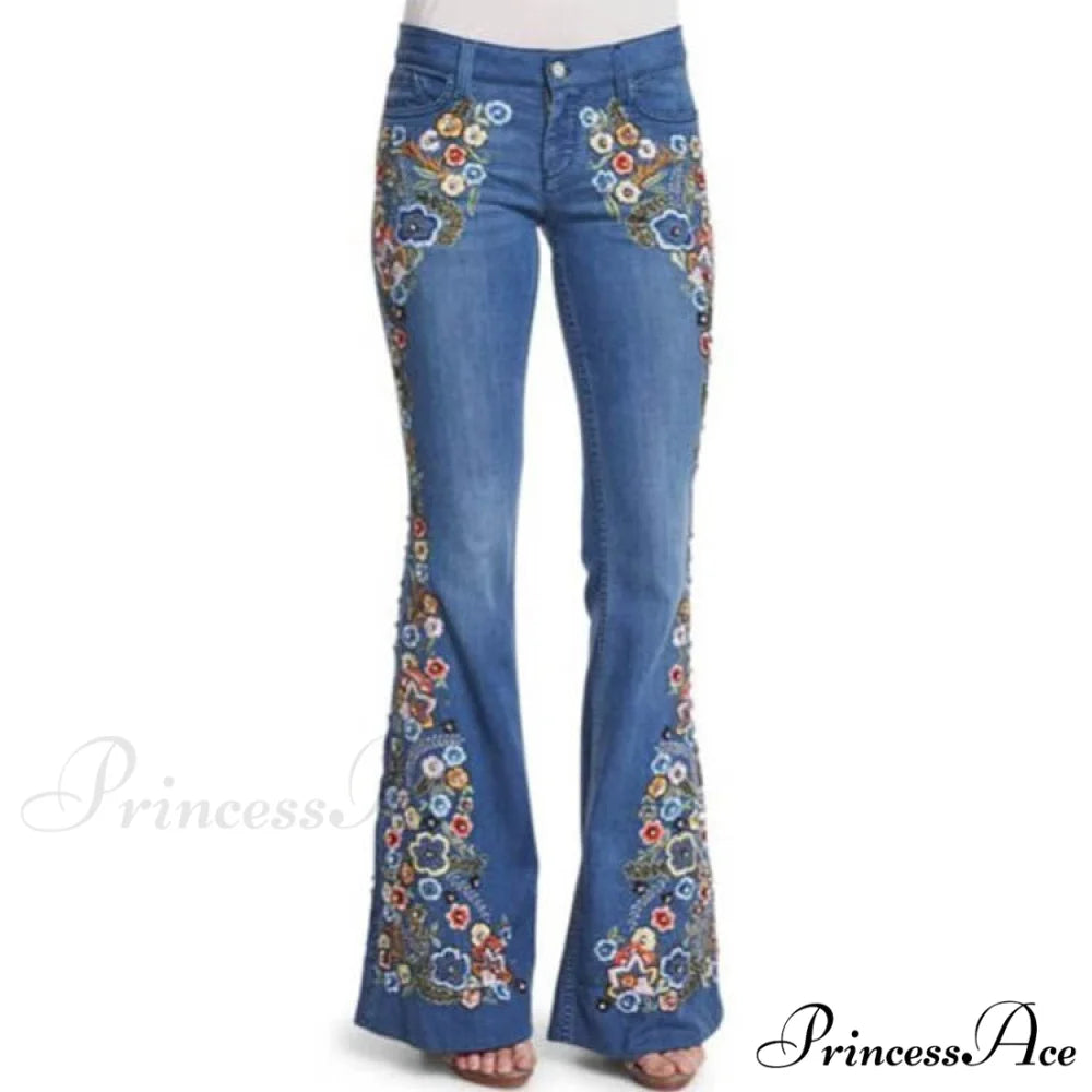 Embroidered Denim Bell Bottom Pants Light blue 2 / XS