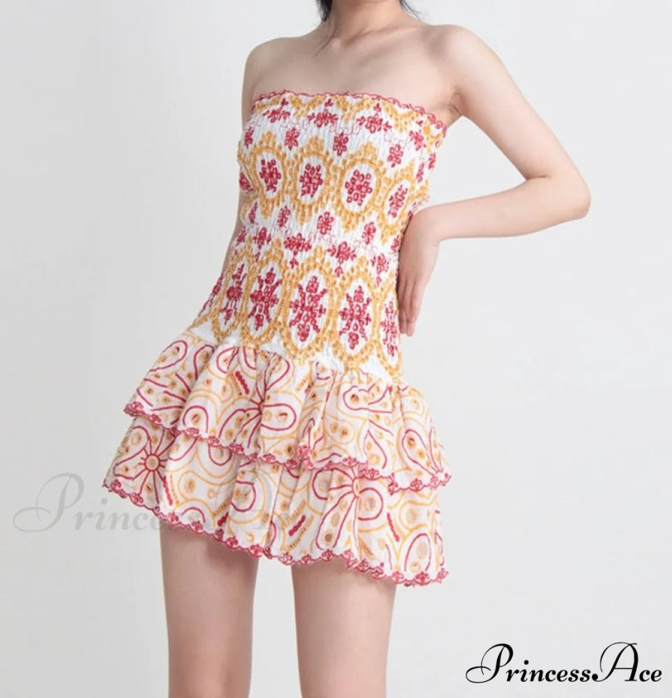 Embroidered Design Tube Charming Ruched Mini Dress