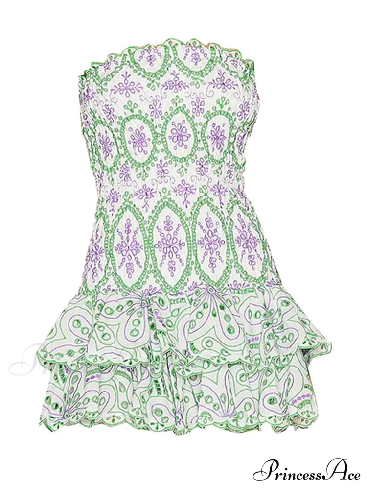Embroidered Design Tube Charming Ruched Mini Dress Green / S