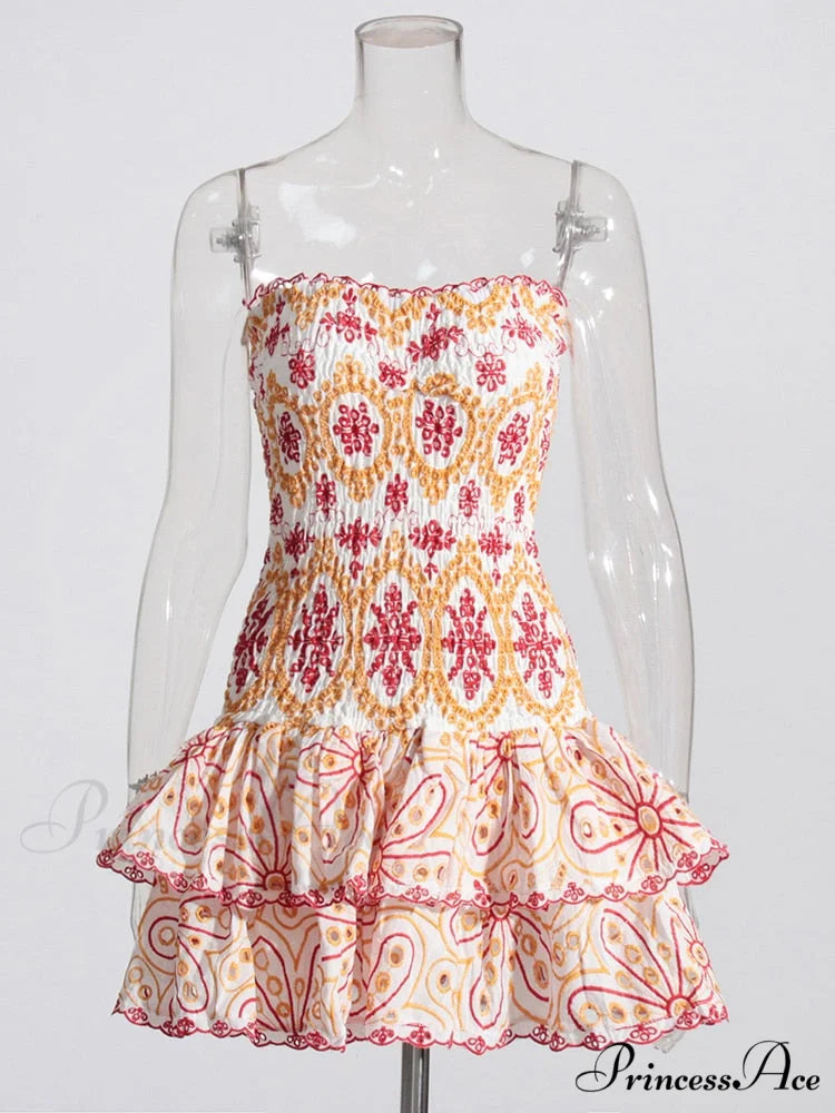 Embroidered Design Tube Charming Ruched Mini Dress Red / S