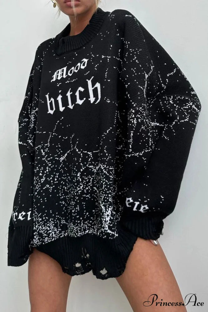 Embroidered Distressed Pullover Sweater Black / One Size