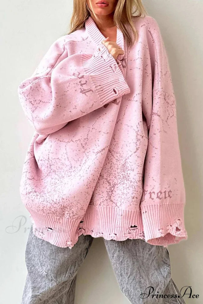 Embroidered Distressed Pullover Sweater Dark Pink / One Size