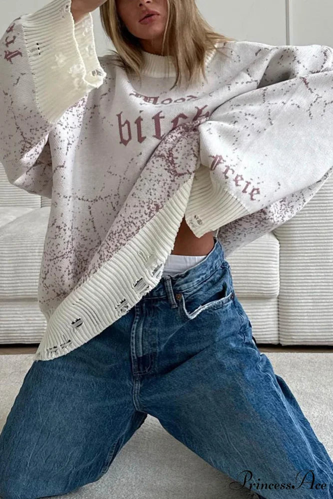 Embroidered Distressed Pullover Sweater Grey / One Size