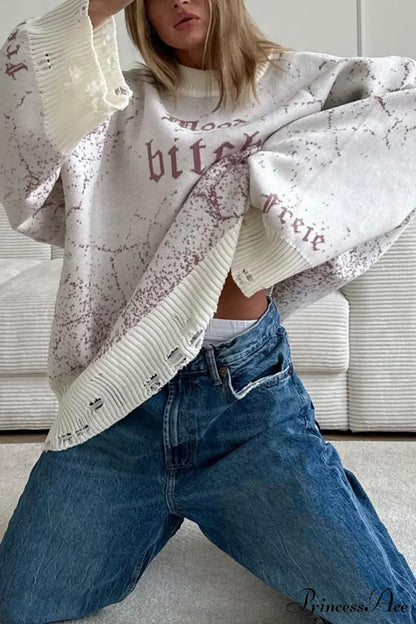 Embroidered Distressed Pullover Sweater Grey / One Size