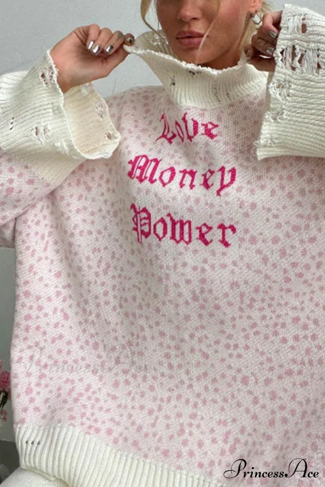 Embroidered Distressed Pullover Sweater White / One Size