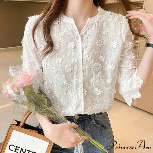 Embroidered Floral Short Sleeve Informal White Blouse WHITE / S blouse-250126